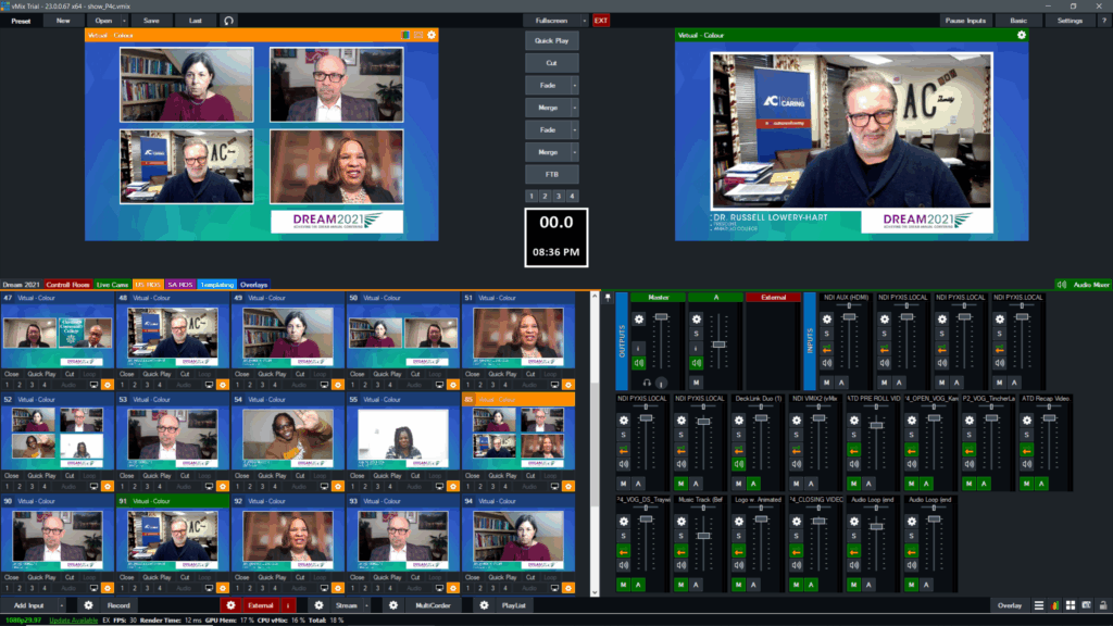 Screen capture of a vMix production supporting multiple presenters on Zoom and Teams and slide integration by Showstream.